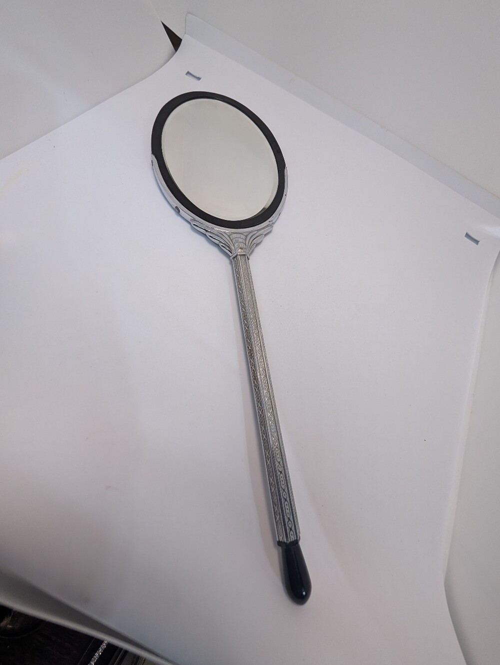 Vintage Handheld Mirror with Art Deco Ornate Handle Silver Tone